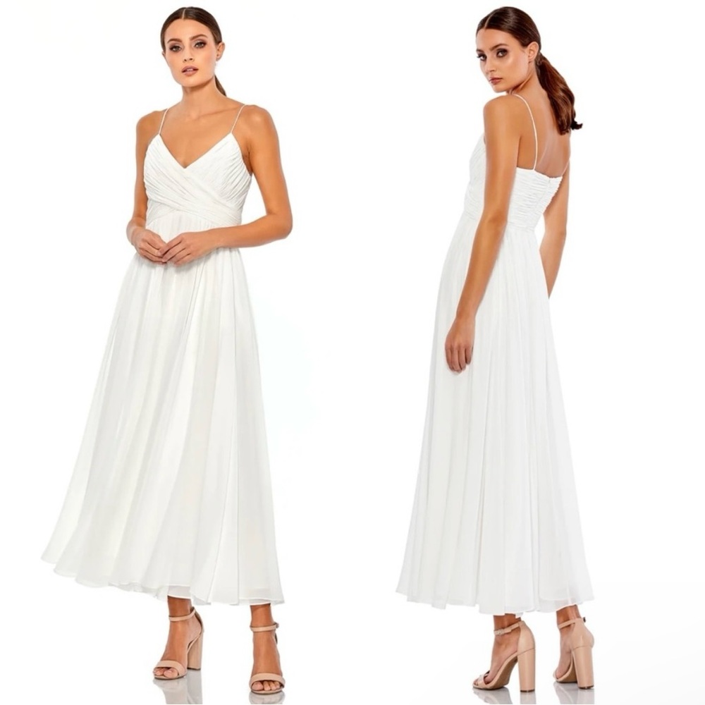 Mac Duggal Ieena Faux Wrap Sleeveless Flowy White Dress, Bridal, Size Large